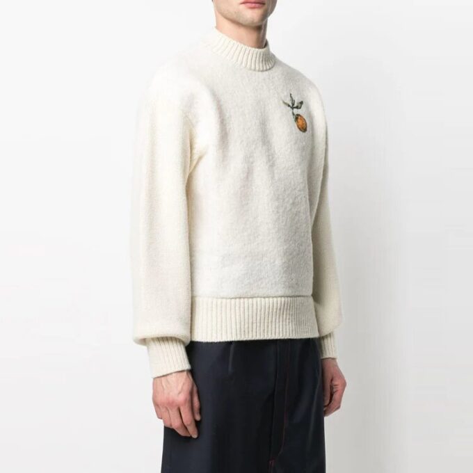 Unisex-strikkegenser med rund hals og trykk, elfenben