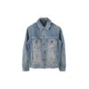 Vintage-trykt denimjakke med gradientpil og slitt look, blå