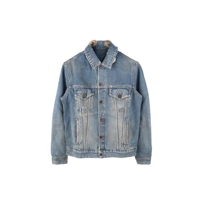 Vintage-trykt denimjakke med gradientpil og slitt look, blå
