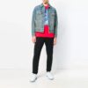Vintage-trykt denimjakke med gradientpil og slitt look, blå