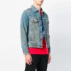 Vintage-trykt denimjakke med gradientpil og slitt look, blå