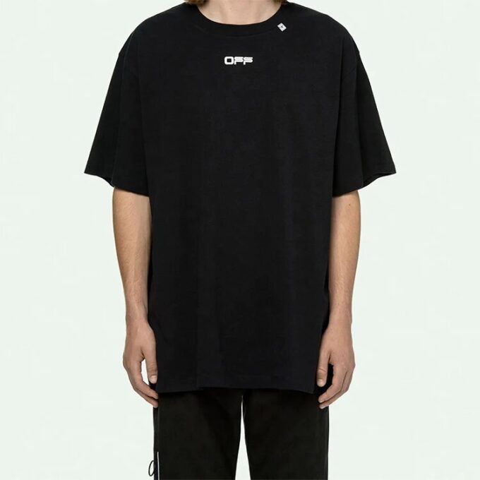 Wavy Line hvit T-skjorte med trykk, korte ermer, løs passform, svart